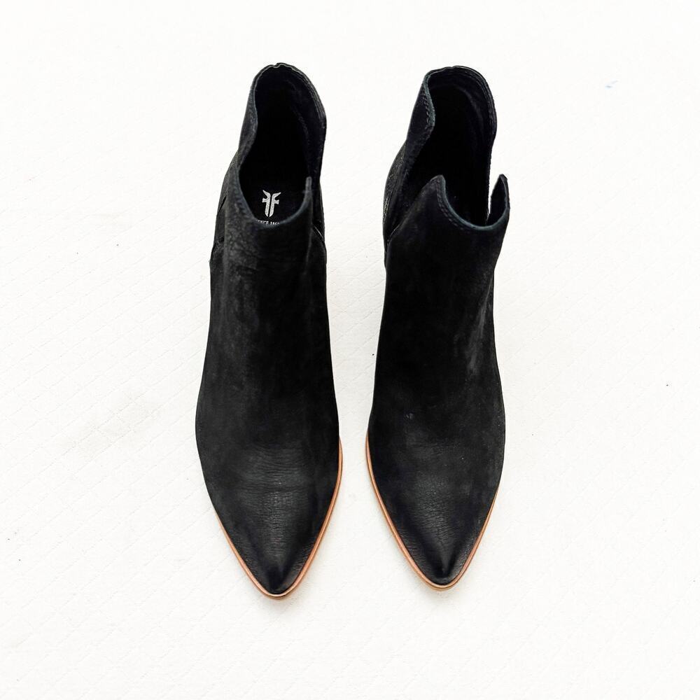Frye Reina Black Suede Leather Cutout Ankle Boot Cone Wood Heel Size 9.5